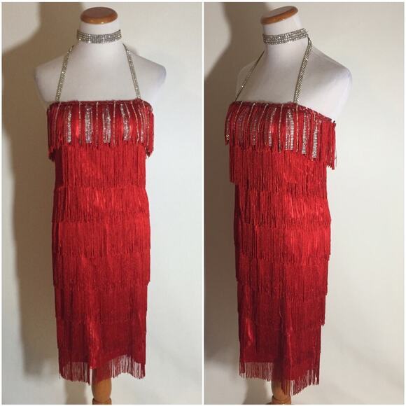 Red 1920s Flapper Dress Costume Set Headpiece Gloves Boa Wig Necklace Sz 4 Small - Picture 4 of 16